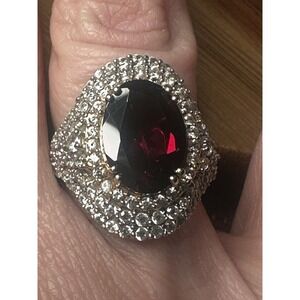 Garnet And White Topaz Sterling Silver Statement Ring Size 8.25